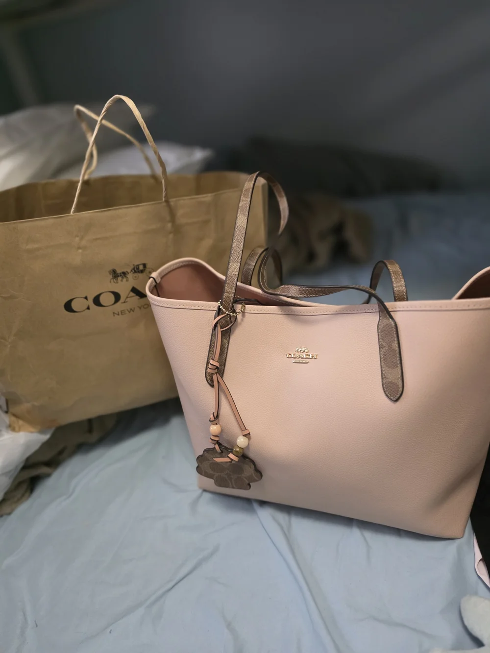 Coach Blush Pink Pebble Leather Tote with Signature Straps
